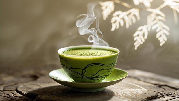Steaming cup of green tea on a wooden table